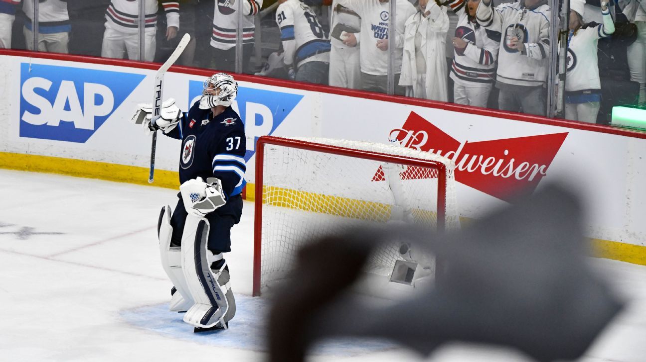 Connor Hellebuyck shuts out Stars in Game 2 as Jets tie series